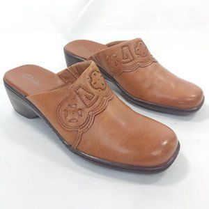 Clarks Brown Leather Mules